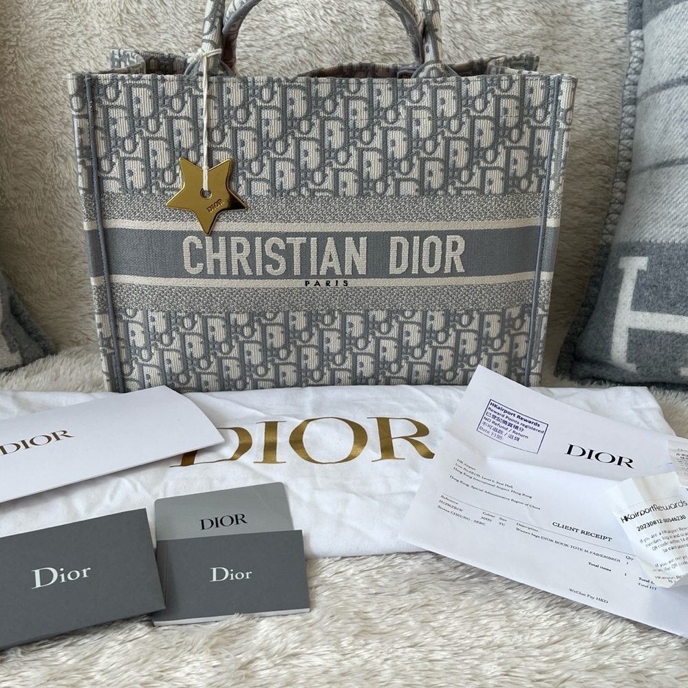 Authentic Christian Dior MEDIUM DIOR BOOK TOTE in Gray Dior Oblique Embroidery